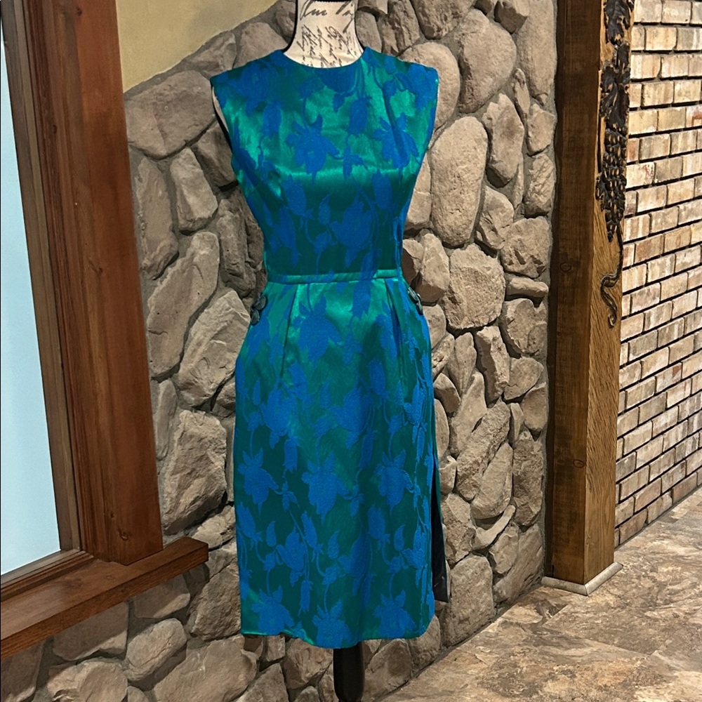 Carol Craig Blue-& Green Floral Sheath Silk Designer Dress Size 6